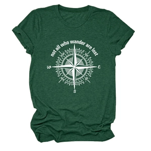 Detail of compass print and text on heather dark green cotton blend t-shirt