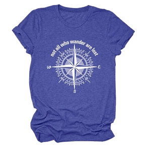 Detail of blue heather t-shirt featuring white compass print and wanderlust text