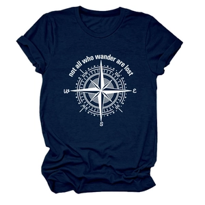 Detail of navy blue cotton t-shirt featuring a white compass and Not All Who Wander print