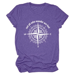 Detail of compass print and text on heather purple soft cotton short sleeve T-shirt