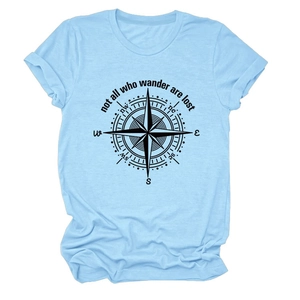 Light blue cotton T-shirt with compass print and 'Not all who wander are lost' quote