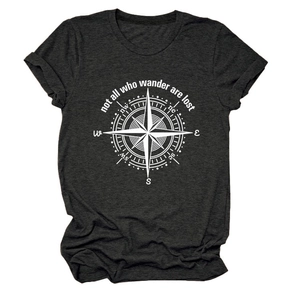 Detail of white compass graphic and 'not all who wander' slogan on charcoal grey T-shirt