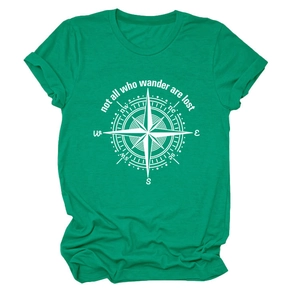 Detailed view of the turquoise cotton T-shirt featuring a white compass and wander quote