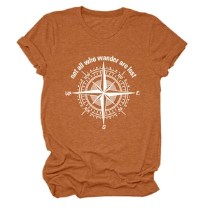 Detail of rust red t-shirt fabric texture and white compass print with wanderer quote