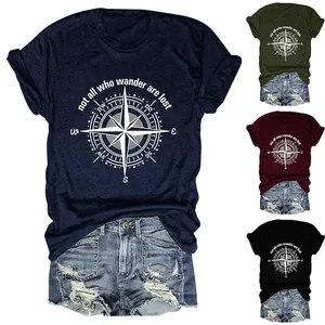 Women T-Shirt Cotton Blend Short Sleeve Crew Neck Loose Fit Compass Graphic Slogan Print Travel Casual Tee Shirt
