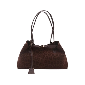 Large leopard print tote bag in dark brown suede finish with shoulder straps