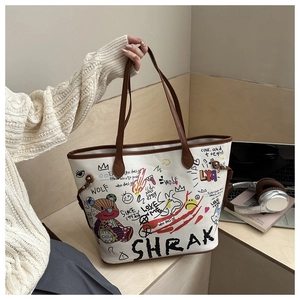 Detail of bear graffiti bucket bag showing street style illustrations and leather handles