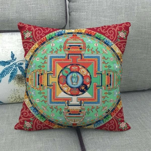 Detailed texture of bohemian mandala pattern on square linen pillowcase