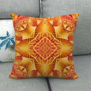 Detailed texture of bohemian linen pillowcase with symmetrical mandala pattern