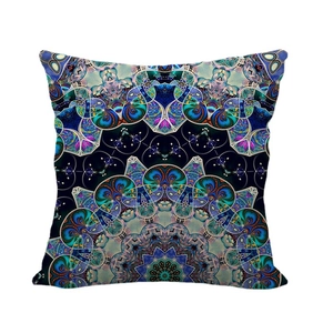 Bohemian mandala geometric pattern linen pillowcase in dark blue and purple tones