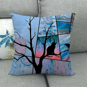 Artistic cat silhouette watercolor linen pillowcase shown on a gray sofa detail
