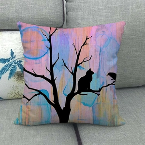 Detailed texture of linen pillowcase with watercolor cat and tree silhouette art