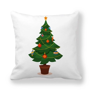 White Christmas tree pillow case with colorful ornaments and gold star on white backdrop