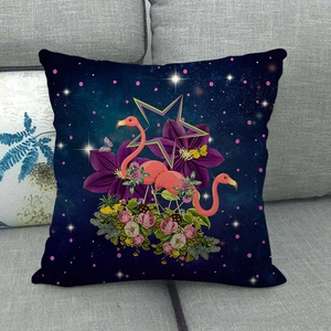 Close-up detail of flamingo and floral print on linen pillowcase against starry background