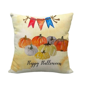 Linen Halloween pillow case with colorful pumpkins and Happy Halloween greeting