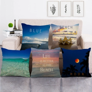 Juego de 5 fundas de cojín de lino con paisajes costeros de playa y noche estrellada