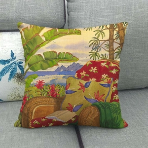 Détail de la housse de coussin en lin avec paysage tropical à l'aquarelle et feuilles