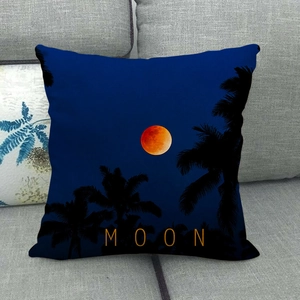 Linen pillow cover with tropical night scene and MOON print on grey sofa background