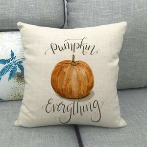 Détail de taie d'oreiller en lin avec citrouille aquarelle et texte pumpkin Everything