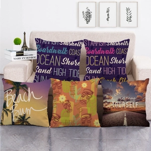 Linen Decorative Throw Pillow Cover Tropical Beach Scenery Letter Print Square Cushion Case For Home Sofa Couch Decor