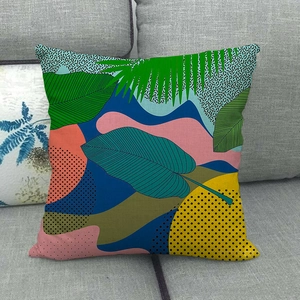 Abstract tropical leaf geometric linen pillowcase with colorful pop art patterns on sofa