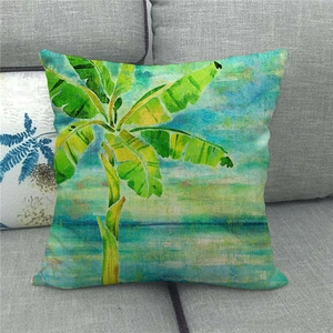 Watercolor coconut palm tree and tropical green banana leaf linen throw pillow cover