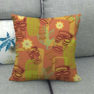 Detail showing high-density linen texture and tropical Tiki totem pattern on the pillowcase