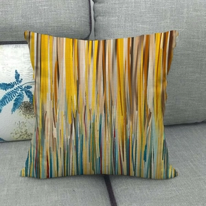 Macro detail of abstract geometric lines on a linen throw pillow cover for a sofa