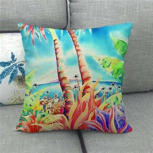 Close-up of tropical palm tree watercolor print on a durable linen throw pillow cover