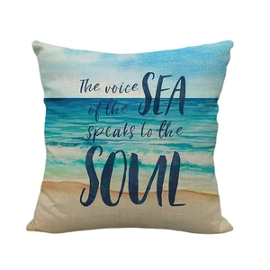 Linen pillow cover with ocean watercolor design and sea soul motivational quote