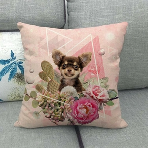 Detailed macro shot of linen pillow case featuring floral Chihuahua watercolor print