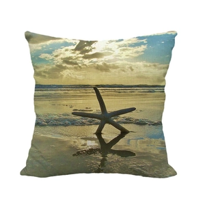 Linen pillowcase featuring a starfish on a sunset beach with coastal digital print