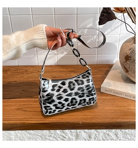 Detail of black and white leopard print hobo bag with sleek chain strap and zipper