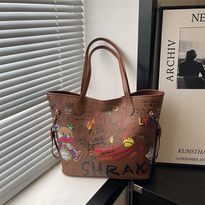 Graffiti Tote Bag Large Capacity PU Leather Street Style Cartoon Bear Print Shoulder Handbag For Women Casual Travel