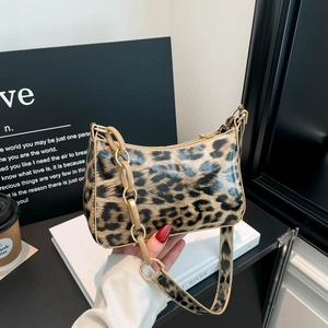 Women Fashion Leopard Print Underarm Bag Glossy PU Leather Baguette Shoulder Bag With Resin Chain Decorative Handbag
