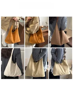 Three-color minimalist hobo tote bags displayed on a model in a domestic lifestyle setting