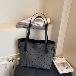 Grey tote bag with black polka dots and mini bow embroidery for daily commuting