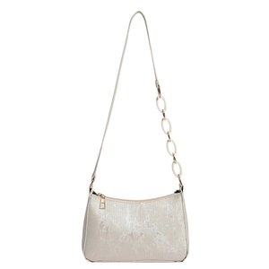 Chic beige underarm bag with vertical ribbed texture and gold-tone chain link strap