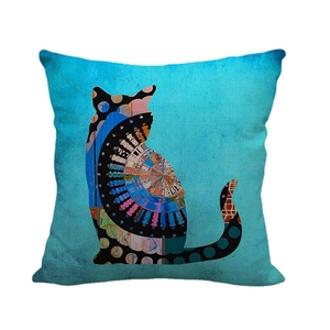 Bohemian linen pillow cover featuring a colorful cat silhouette on a vivid teal blue fabric