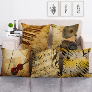 Set of 5 vintage music themed linen pillow covers featuring piano and violin prints