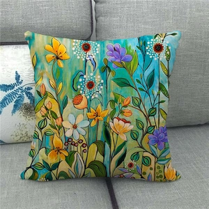 Detailed texture of linen pillowcase with vibrant watercolor floral oil painting print