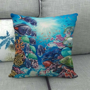 Linen pillowcase with vivid underwater world and colorful coral reef fish print
