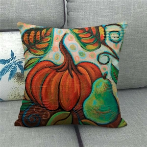 Artistic watercolor pumpkin and pear printed linen pillowcase for Thanksgiving home decor