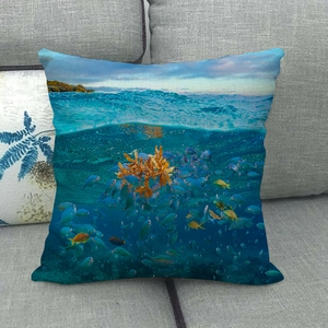 Detailed canvas texture showing vibrant underwater print with blue sea and colorful fish