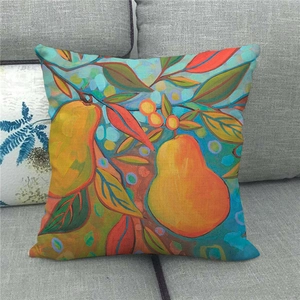 Detailed texture of linen throw pillow cover featuring artistic watercolor pear print
