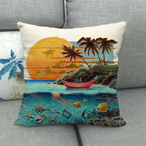 Linen mermaid ocean throw pillow cover featuring tropical sea life and palm sunset