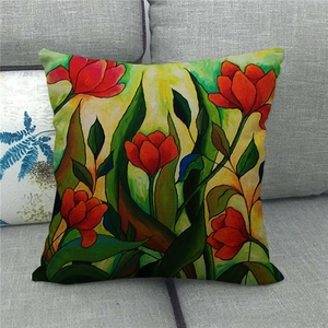 Artistic watercolor red tulip flower pattern on square linen pillow cover for home decor
