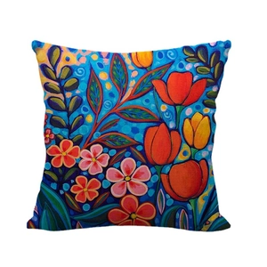 Artistic linen pillowcase with watercolor floral pumpkin patterns on dark blue base