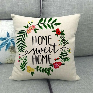 Linen decorative pillowcase featuring a floral wreath and Home sweet Home typography