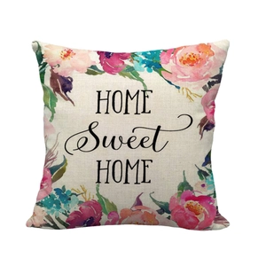 Floral Home Sweet Home linen pillowcase with watercolor wreath on beige fabric